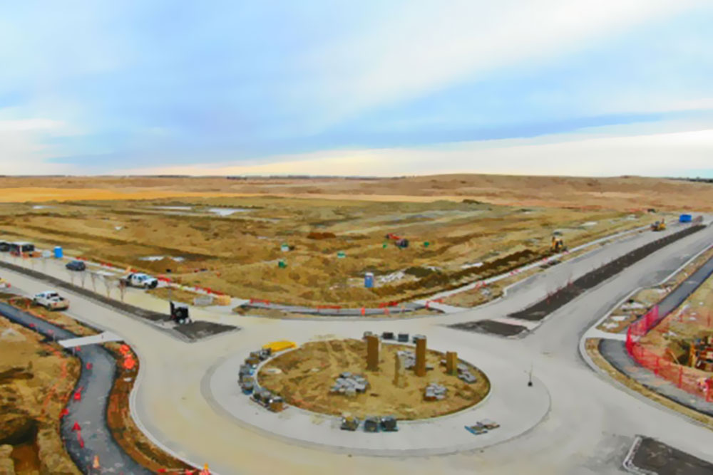 A traffic circle in the new Airdrie community called Lanark Landing
